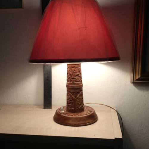 Table lamp with carved wooden base and new shade, 36 cm height