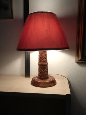 Table lamp with carved wooden base and new shade, 36 cm height