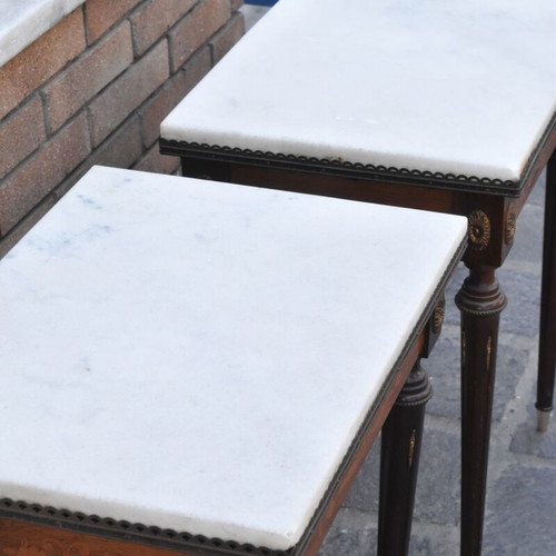 French vintage side tables used, pair with marble and marquetry