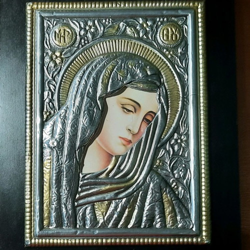 Panagia Thlimmeni metal icon in wooden frame new