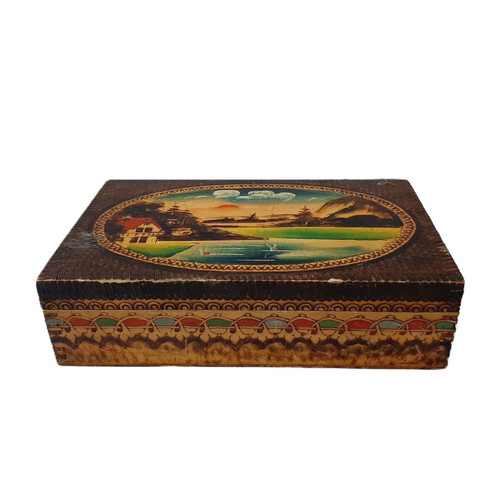 Vintage pyrography wooden box with landscape painting, 1960s