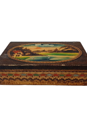 Vintage pyrography wooden box with landscape painting, 1960s