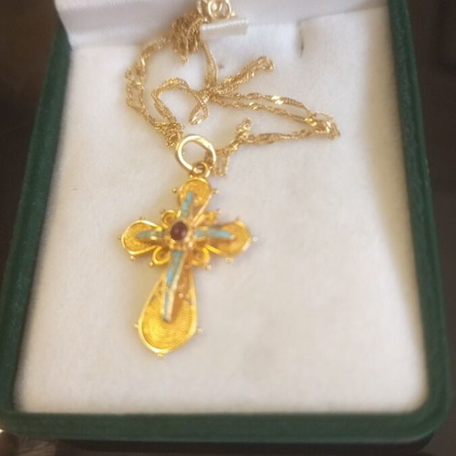 Apefthon 18k gold women's cross with turquoise and chain