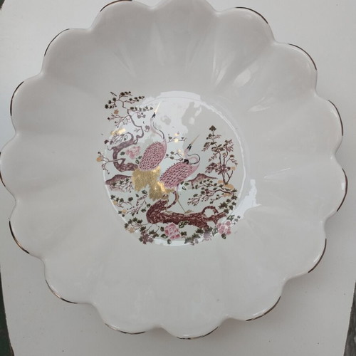 Vintage Koulis Porcelain Bowl 25cm with 24K Gold & Crane Motif (Chinoiserie)
