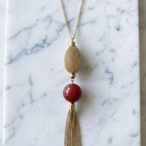 Long necklace with red bead and gold tassel new