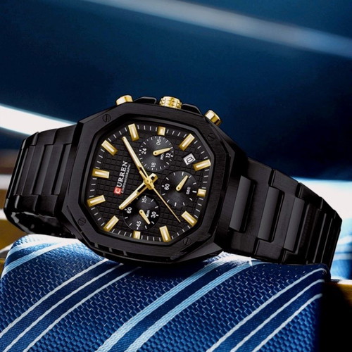 Ρολόι Curren Polygon Chrono καινούργιο, μαύρο με χρυσαφί λεπτομέρειες