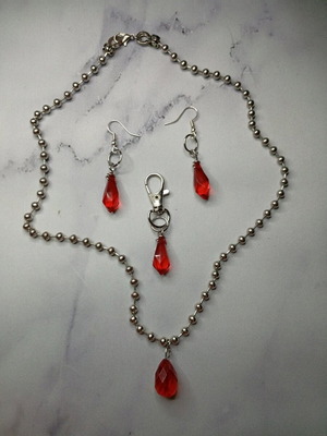 Handmade magic set earrings, keychain and necklace red and silver made to order