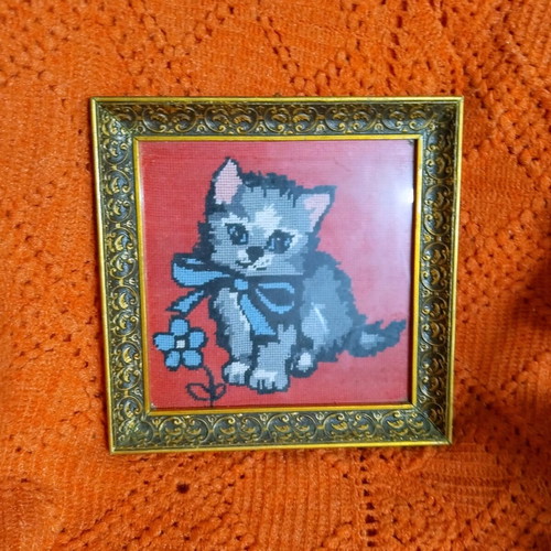 Vintage embroidered cat painting with frame and glass, like new