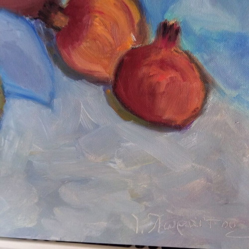 Oil painting authentic on canvas used, jug and fruits