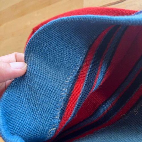 Wool knit cap used, red and blue, size S