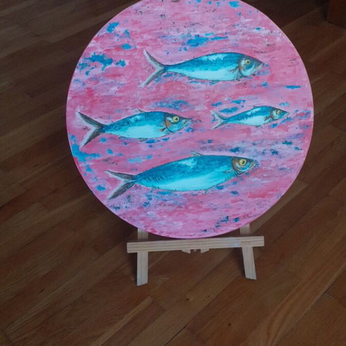 Handmade painting on driftwood new, 38 cm diameter