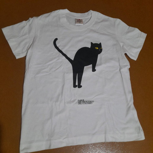 T-shirt white with black cat and logo, kids size medium, new