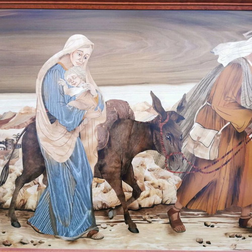 Intarsia woodcarving artwork like new, The Flight into Egypt from 17 woods