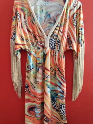 Printed dress like new with gold fringes on sleeves