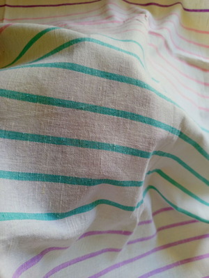 Vintage Linen Bedsheet Handcrafted with Colorful Pastel Stripes, Like New