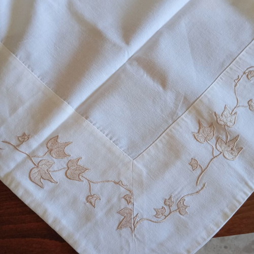 White square embroidered tablecloth with beige and gold leaf motifs, like new