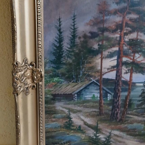Oil painting on canvas used, landscape with lake and cabin in baroque frame