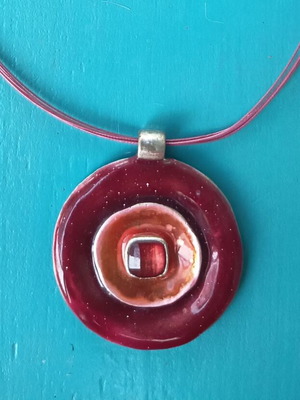 Handmade pendant necklace with enamel in burgundy-pink, like new