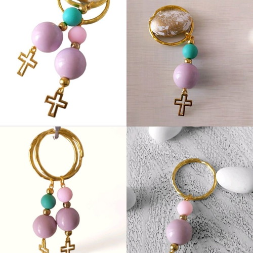 Handmade baptism keychains with large lilac bead and colorful smaller beads new