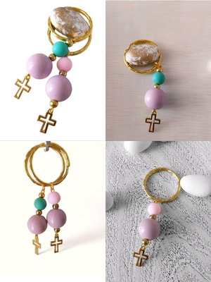 Handmade baptism keychains with large lilac bead and colorful smaller beads new