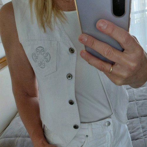 Denim vest like new with silver embroidery, crop, size S