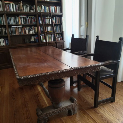 Solid Large Wooden Dining Table with Two Chairs used