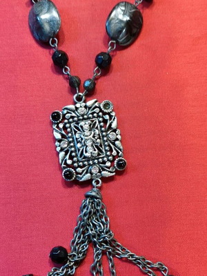 Boho Statement Necklace Silver with Black Beads Like New