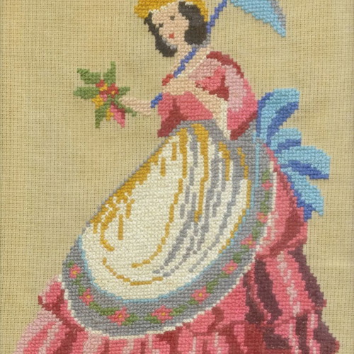Vintage embroidered lady with umbrella frame like new, double depth frame