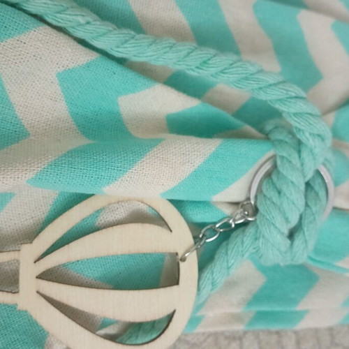 Set of 3 turquoise and 4 beige drawstring bags with wooden keychains new