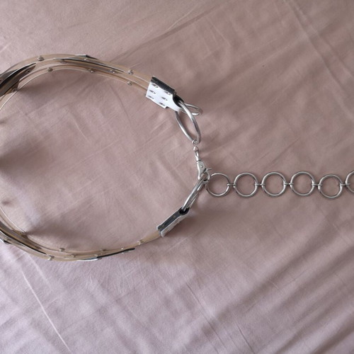 White belt with white rhombus on transparent base like new, 95 cm