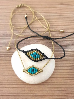 Σετ κολιέ και βραχιόλι μακραμέ με ματάκι χρυσό και τυρκουάζ και ημιπολύτιμες πέτρες καινούργιο