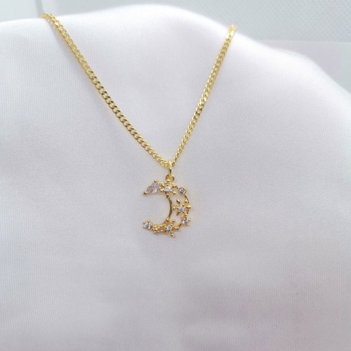 18K Gold-Plated Necklace with Crescent Moon and Zircon, 45cm, New