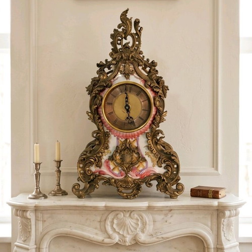 Heavy Bronze Baroque Style Table Clock with Porcelain