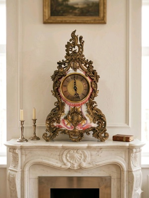 Heavy Bronze Baroque Style Table Clock with Porcelain