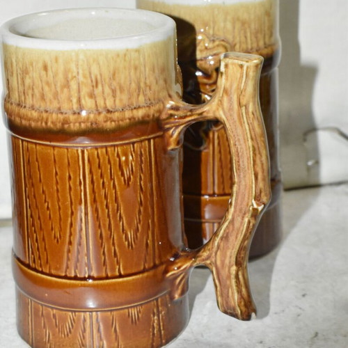 Set of 2 vintage ceramic beer mugs used with rustic wood and leaf design