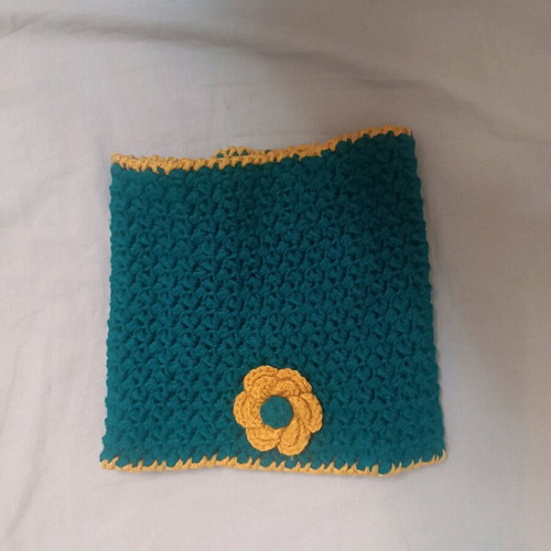 Handmade neck scarf like new, knitted petrol with yellow trim