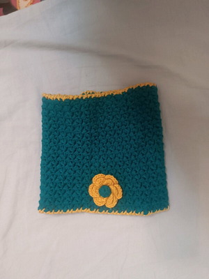 Handmade neck scarf like new, knitted petrol with yellow trim
