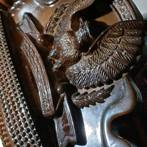 Vintage wooden wall clock with pendulum used, eagle decoration