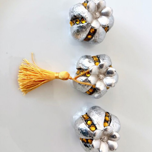 Set of 3 decorative pomegranate miniatures silver with crystals and tassel new