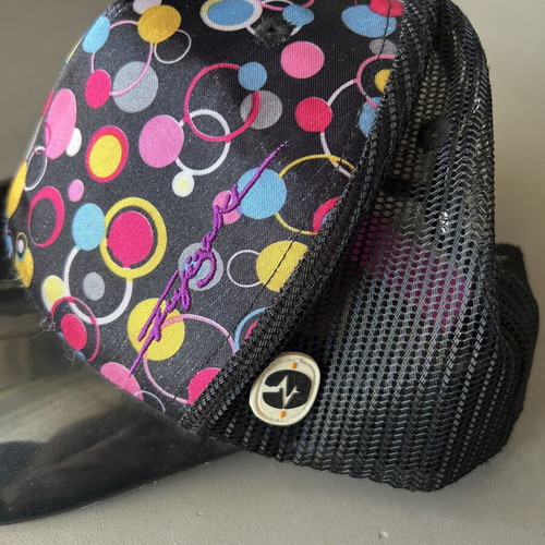 Hat size S with colorful circles and visor, like new, black