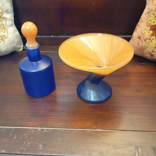 Vintage frosted glass set with blue and orange bottle and martini bowl like new