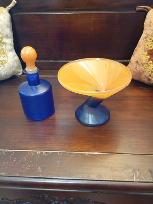 Vintage frosted glass set with blue and orange bottle and martini bowl like new