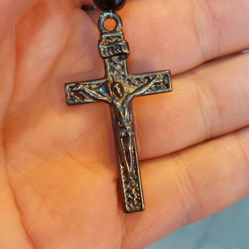 Necklace rosary with cross new, metal pendant and resin beads