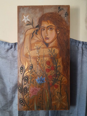 Asma Asmaton Authentic Egg Tempera Painting on Natural Wood 77×38cm 2005