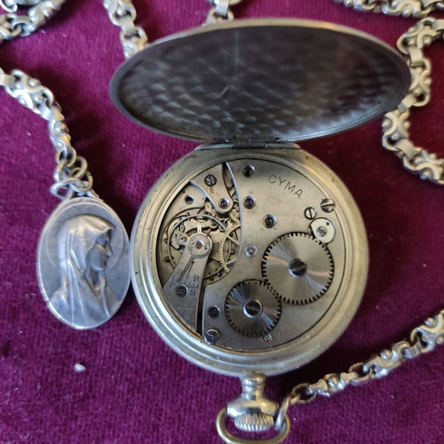 Cyma silver-plated pocket watch with silver-plated chain and religious medal used
