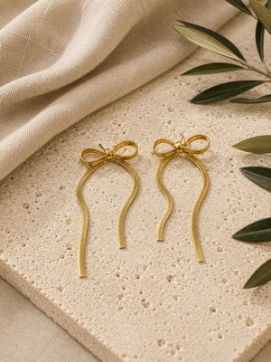 Bow earrings long gold stainless steel new