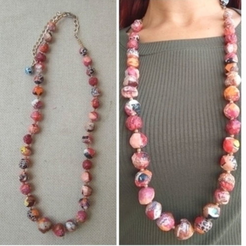 Ethnic red long necklace new handmade paper mache beads