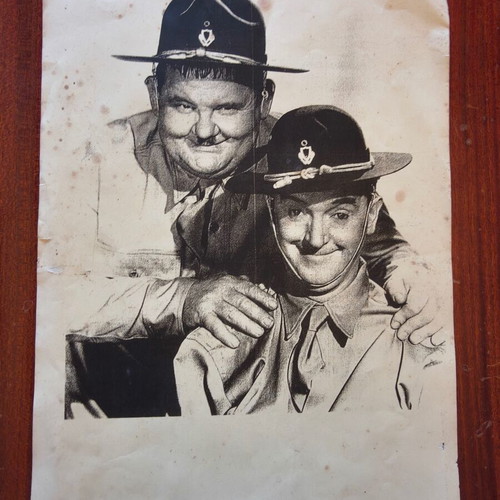 Vintage Laurel & Hardy charcoal portrait from Great Guns (1941) used