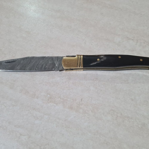 Laguiole knife Damascus blade horn handle with leather sheath