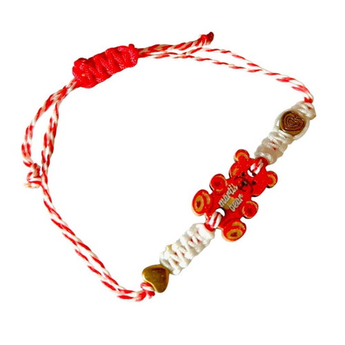 Handmade Martaki macrame bracelet with wooden bear and metal hearts, adjustable, new